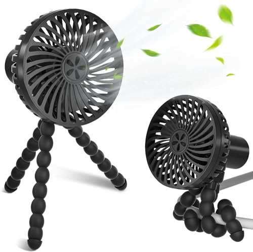 COMBLU Ventilador portátil para cochecito, mini ventilador para cochecito de bebé con trípode flexible para bebé, recargable y funciona con pilas, ventilador de refrigeración negro para asiento de