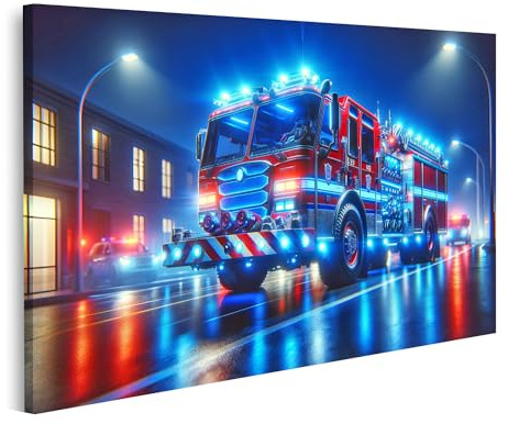 islandburner Bild auf Leinwand Spektakuläres Feuerwehrauto Mit Blaulicht Bereit Für Einsatz Bilder Wandbilder Poster