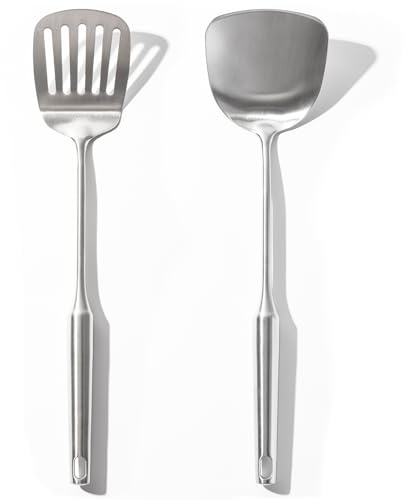 OYV Pack of 2 Wok Spatula, Solid & Slotted metal Spatula Set, 304 Stainless Steel Spatula for Cooking Fish, Eggs, Pancakes, Wok, 14.6 inch Turner Spatulas.