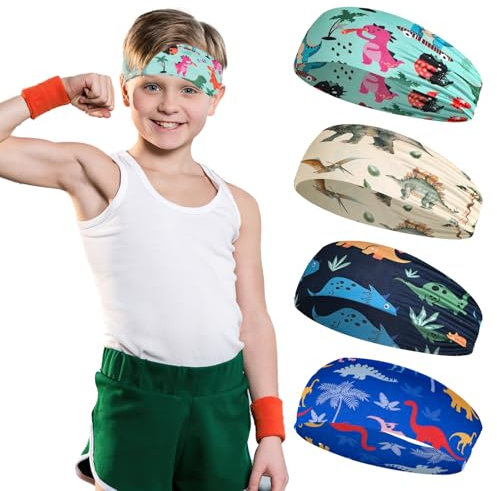 Stirnband Kinder, 4 Stück Dinosaurier Kinder Stirnband Baby Junge, Dünnes, Ultraleichtes und Elastisches Haarband Junge, Sportstirnband in 4 Stilen (BLUE, BOY)