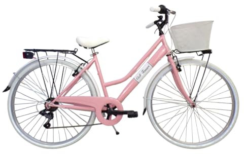 Cicli Tessari - bicicletta da donna bici da passeggio city bike ruota 28 trekking cambio 6 velocita' con cesto anteriore (rosa)