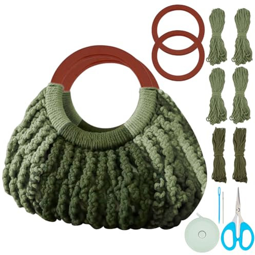WEBEEDY DIY Makramee Taschen Kit Grünes Makramee Handtaschen Machkit Mit Holzgriff Und Videoanleitung DIY Häkelsets Für Erwachsene Anfängerinnen Frauen Sommer Boho Dekor Geschenk