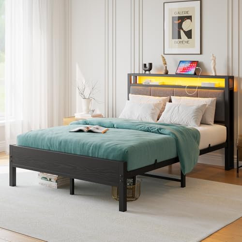 FOUBAM 4FT6 Double Bed Frame with LED Lights and Charging Station, Heavy Duty Metal Bed Frame Double with Storage Fabric Headboard,Solid and Stable, Metal Slats Support,Mattress Foundation (Black)