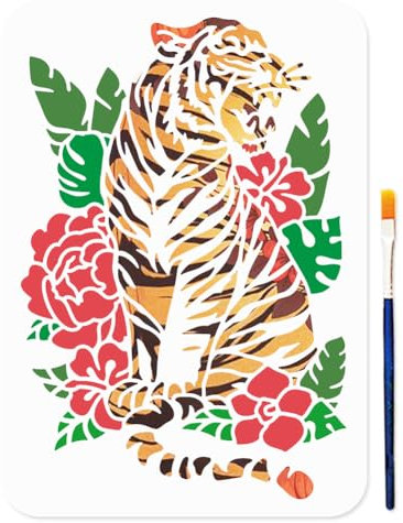 MAYJOYDIY A4 Tiger Schablone Wildtier Pflanzen Malvorlage 29.7 × 21cm Blumen Und Blatt Schablone Mit Pinsel Wiederverwendbare Tier Schablone Für Holz Stoff Wände DIY Bastelarbeiten Fotoalbum