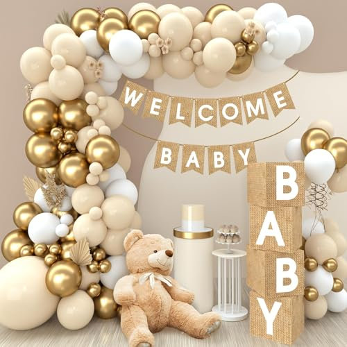 Caja de papel imitación lino, 27 cm, bandera cola de pez. Set de 97 piezas con guirnalda de globos en blanco y dorado, caja de arpillera y pancarta «Welcome baby», para fiestas del bebé neutras