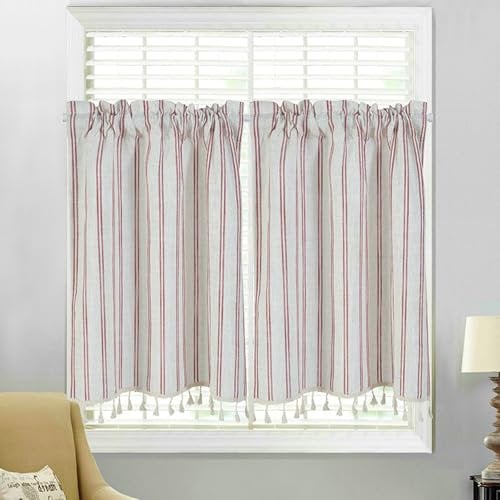 Bishilin Scheibengardinen & Kurzstores Leinenoptik, Gardinen Kurz Fenster Gestreift mit Quasten Vorhänge Blickdicht Bistrogardine Leinenoptik 2er Set Beige Rot 130x41CM
