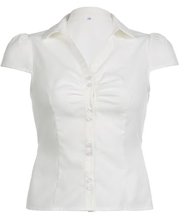 Women's Basic Button Down Shirts Cap Sleeve Lapel Collar Tight Blouse Tie Up Back Slim Fit Tops Summer Office Shirt (A-White, M)