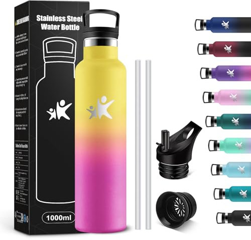 KollyKolla Gourde Isotherme 1L, Bouteille Isotherme Acier Inoxydable, Bouteille d'eau Étanche, sans BPA, Gourde Inox avec Paille, Réutilisable, Gourde pour Fitness, Randonnée, Camping, Cyclisme