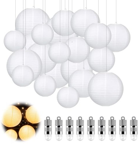 GothicBride 30pcs Papierlampions Weiß mit LED Lichter, Classic Gerippter Lampenschirm Runde Papierlaterne mit 30 Warmweiß Mini LED Lichter Hängende Papierlaternen für Garten Deko (Ø 15/20/25/30cm)