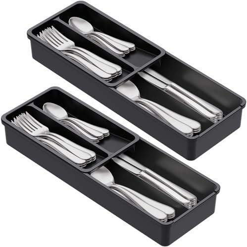 Lifewit Lot de 2 range-couverts compacts - 42 x 14,5 x 6 cm - Pour tiroirs - 4 compartiments - Panier à couverts - Tiroir à couverts - Organiseur de couverts de cuisine pour cuillères, fourchettes