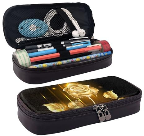 Hgbbdyyjj Gold Rose Trousse à crayons multifonction en cuir souple et résistante aux taches Grande capacité, Noir , Taille unique, Organiseur de sac