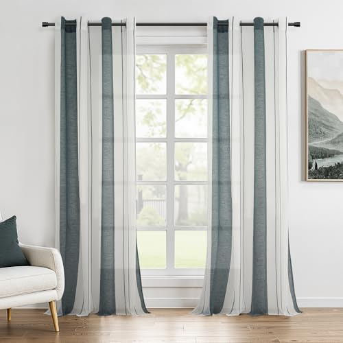 Topfinel Voile Grün Vorhang mit Ösen Halbtransparent Streifen Kurz Ösenschal Gardine für Kinderzimmer Schlafzimmer Wohnzimmer 225x140(HxB) cm 2er Set