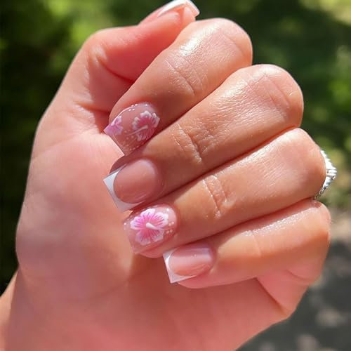 24pcs Short Square Pink Floral Press-On Nails, Glossy Blossom Design, Reusable Full-Cover ABS False Nail Stickers, 24 Sizes for Perfect Fit, Easy DIY Art Kit for Women & Girls