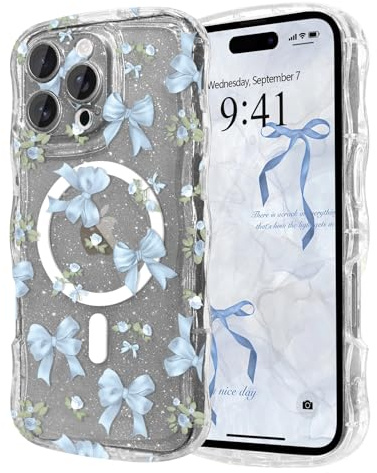 Urarssa Magnetic Case for iPhone 16 Pro Max, Glitter Cute Curly Wavy Frame Aesthetic Ribbon Bow Pattern Clear Case for Women Girls, Transparent Slim TPU Bumper Shockproof Protective Cover, Blue Bows