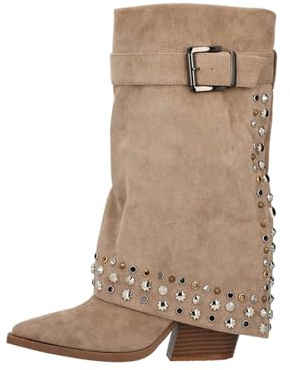 FSHFjje Damen Wedge Heel Spitzzehen Nieten Kampfstiefel - Bequeme Knöchelstiefel für Büro, Nachtclub, Alltag,Beige,36 EU