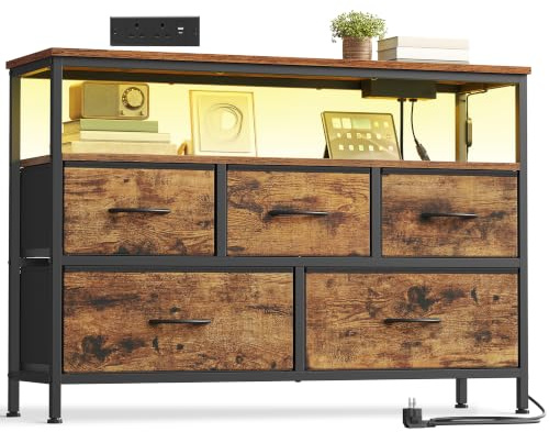 SONGMICS Chest of Drawers with LED Lights and Charging Station, Fabric Storage Cabinet, 5 Drawers, Open Shelf, 98.7 x 30 x 68.1 cm, Rustic Brown and Ink Black BELLAH Collection LGS723KD03