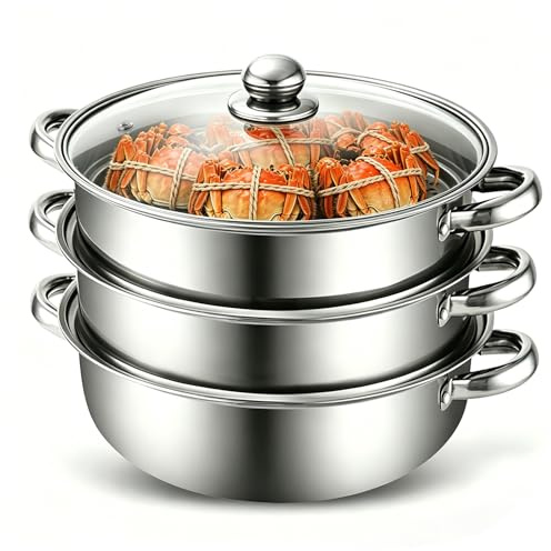 MeYuxg Olla Vaporera,28cm Acero Inoxidable Vaporera con Inserto de Vapor y Tapa de Cristal,ollas de 3/4 niveles para verduras, mariscos, sopas y pasta (Tercer)