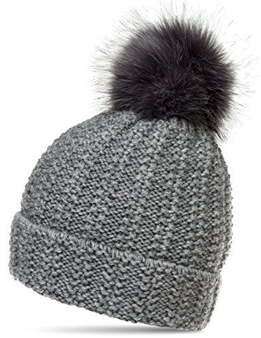 Caspar MU190 Damen Winter Mütze Strickmütze Bommelmütze mit großem Kunstfell Bommel, Farbe:grau, Größe:One Size