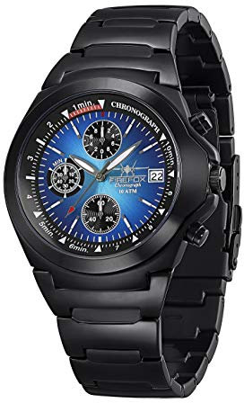 FIREFOX Herren- Armbanduhr Classic Chronograph analog Quarz Edelstahl SCHWARZ Zifferblatt Sunray türkis 10 ATM wasserdicht FFS06-120