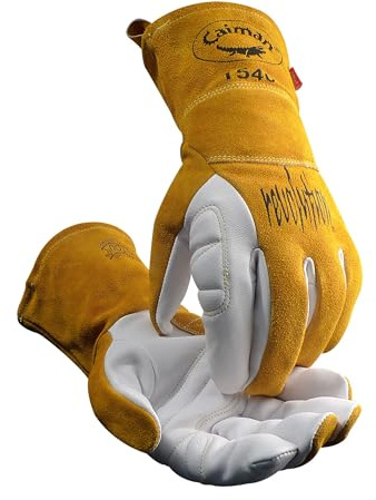 Caiman White/Gold Goat Grain Kontour Welding Gloves Arched Wrist Unlined Palm with Insulated Back/Padded Palm/Reinforced Side, XL
