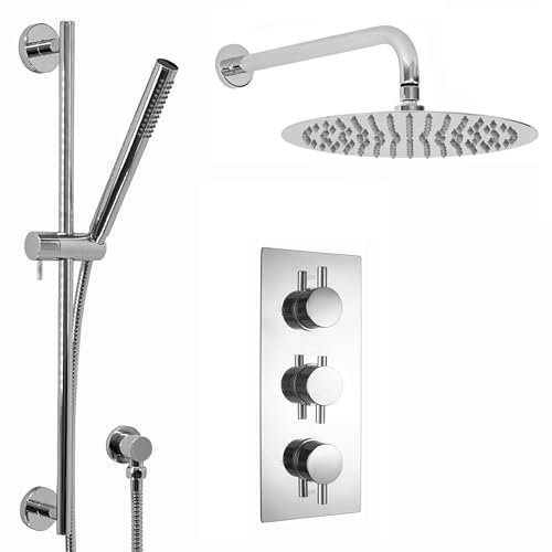 ENKI, Venice, SH0095, Contemporary Cross Concealed Thermostatic Shower Set Incl. Triple Valve, Wall Fixed 8 Shower Head, Slider Rail Kit - Chrome (2 Outlet)