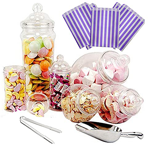 Purple Square 6 Jar Retro Pick & Mix Victorian Sweet Shop Candy Buffet Kit Party Pack with Scoop, Tongs & Bags - Purple Stripe