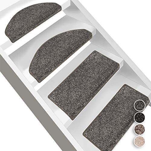 Floordirekt Velours-Stufenmatten Lyon, meliert | Halbrund oder Eckig | Treppenmatten in 4 Farben | Strapazierfähig & pflegeleicht | Stufenteppich für Innen (Grau, Eckig 65 x 23,5 cm)