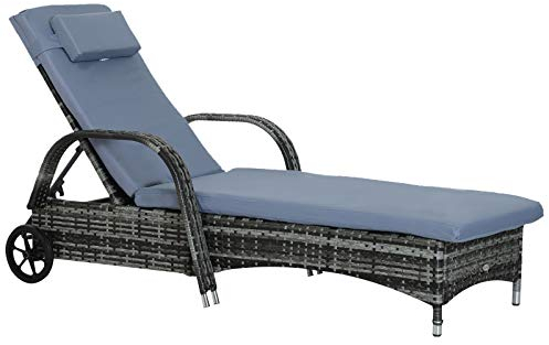 Outsunny Sonnenliege Polyrattan Gartenliege mit 5-Fach Verstellbarer Rücklehne, Polsterauflage, Rollen, Kissen, 160 kg belastbar Relaxliege Liegestuhl für Garten, 200x73x30-103cm, Grau
