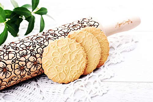 FIORE DI CILIEGIO Mattarello Legno Goffrato | Mattarello Inciso | Rullo per Biscotti e per Modellare | Mattarello di Fiori | Mattarello Decorativo per Biscotti di Algis Crafts