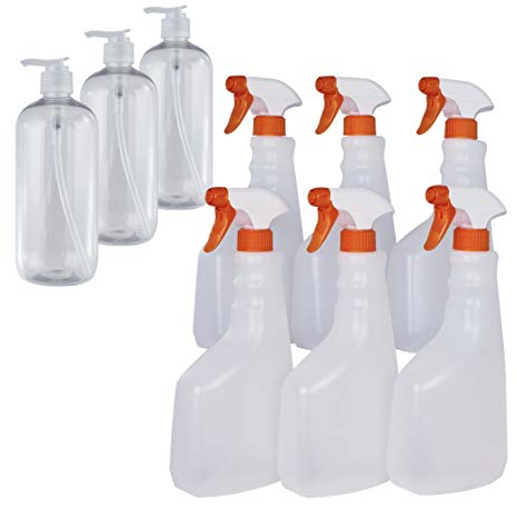 6 Botellas Spray pulverizador vaporizador de plástico. 750 ml. Rellenable. Más 3 Botes Transparentes plástico 500 ml. dispensadores de Gel, jabón, loción.