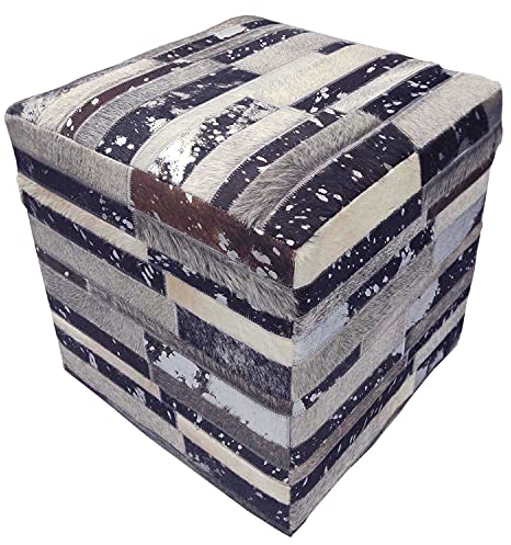 Patchwork Fell-Hocker Rinara 45x45x48 cm (B/T/H) aus echtem Fell & Holz Sitzhocker Luxus Ledersitzkissen Pouf edel Polsterhocker HH5903