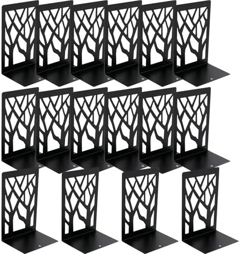 HAKZEON 16 Pack 8 Pairs Book Ends, Decorative Tree Design Book Stopper Supports, Heavy Duty Metal Bookends with Non-slip Pads for Shelves