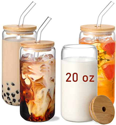 VITEVER 590 ml Glasbecher mit Bambusdeckel und Glasstrohhalm – 4-teiliges Set Bierförmige Trinkgläser, Eiskaffeegläser, niedliche Becher, ästhetisches Kaffeebar-Zubehör, Geschenke
