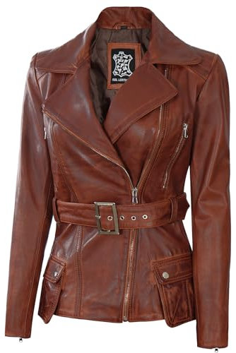 Damen-Lederjacke aus echtem Lammfell-Lederjacken für Damen, Cognac Jacke Victoria, Small