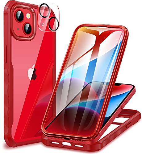 CENHUFO Compatible with iPhone 14 Plus Case Built-in Glass Screen Protector with Camera Lens Protector, 360°Full Body Heavy Duty Protective Phone Case for iPhone 14 Plus case Shockproof -Red