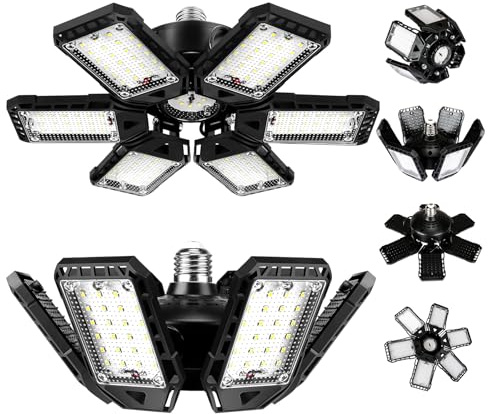 LED Garage Lights Bulb 2 Pack 180W 18000LM 6500K Led Shop Light with 6 plus 1 Deformable Panels Basement Barn Ceiling Lights E26 and E27