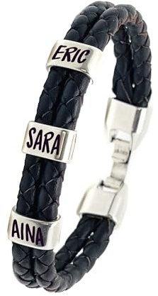 Pulsera con Nombres Personalizada. Piezas Baño Plata y Cuero Español. Tallas Personalizables. Varios Colores. Pulsera con Nombres. Estuche Terciopelo Incluido. Modelo (Trenzado Doble Marrón)
