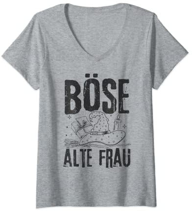 Damen Böse Alte Frau Hexe Tattoo Rose Motorrad Bikerin T-Shirt mit V-Ausschnitt