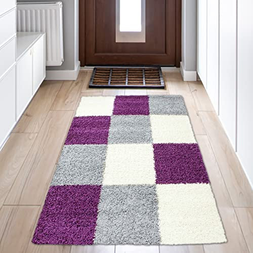 Flauschiger Shaggy-Teppich Hochflor mit Karomuster in lila grau Creme 80x150cm