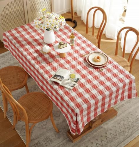 IBEQUEM Baumwolle Leinen Geometrisch Rot & Weiß Kariert Tischdecke, Runde Tischwäsche Tischdecke Weihnachten Weihnachtstischdecken Wasserabweisend Tischdecken Karierte Tischtuch (140x200cm)