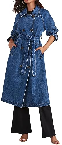 CHARTOU Damen Casual Zweireiher Lange Denim Trenchcoat Jean Jacke Trenchcoat mit Gürtel Duster Coat, Blau, L