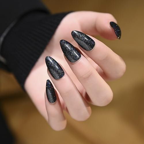 NICENEEDED 24 PCS Black Almond Press On Nails, Short Oval Glossy Acrylic False Nails for DIY, Dazzling Sparkle Full Cover Stick on Fake Nails for Women and Girls
