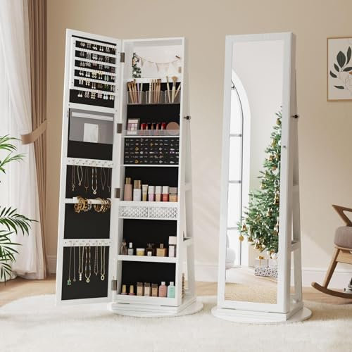 Dripex White Jewelry Organiser Mirror Wardrobe, 360° Swivel Jewelry Storage, Lockable, 3 in 1 Free Standing Mirror with Storage Shelves
