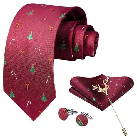 SzonMcnl Weihnachts Krawatten für Herren Muster Woven Party Weihnachten Krawatte mit Taschentuch Manschettenknöpfe Brosche Set (Weihnachtsbaum)