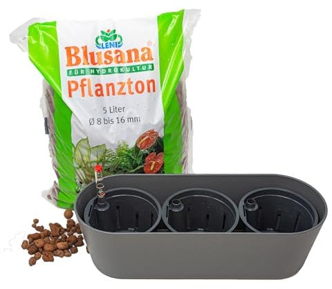 Leni Flori Jardiniere Blumentopf länglich 36 cm anthrazit/grau Hydrokultur-Komplett-Set mit Übertopf Hydro-Töpfen Wasserstandsanzeiger & Pflanzton