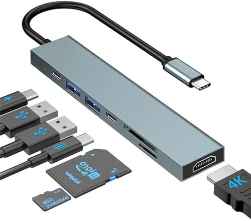 USB C Hub 7-in-1 Multiport Adapter - HDMI 4K, SD/TF Card Reader, USB 3.1/2.0, 100W Power Delivery - Compatible With MacBook Pro 2022/2021/2020/2019