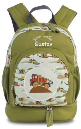 minimutz Kinderrucksack Jungen Mädchen - Personalisiert mit Namen - Freizeitrucksack Wanderrucksack Kinder - Bagger in grün - mit Bodenfach Schuhfach