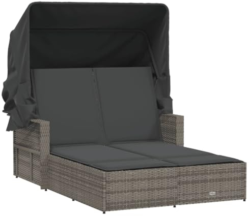 vidaXL Chaise Longue Double et Auvent et Coussins, Bain de Soleil, Transat de Jardin Patio Terrasse Arrière-Cour, Gris Résine Tressée