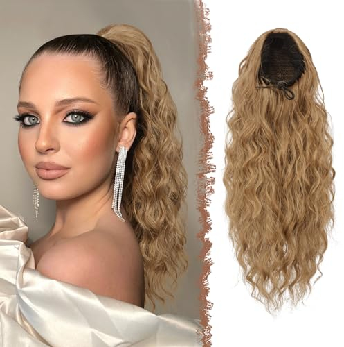 FESHFEN Pferdeschwanz Haarteil mit Kordelzug, Lange Wellen Zopf Verlängerung Haare Extensions Synthetik Wellig Haarverlängerung Clip in Ponytail für Damen, 45 cm Hellbraun Mix Naturblond