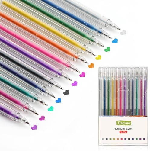 Dacono 12 Glitzernde Metallisch Gelstifte – 1,0 mm Kräftige Spitze zum Ausmalen, Basteln, Journaling Glatte, Langlebige Tinte Lebendige Farben – Perfekt zum Basteln von Karten